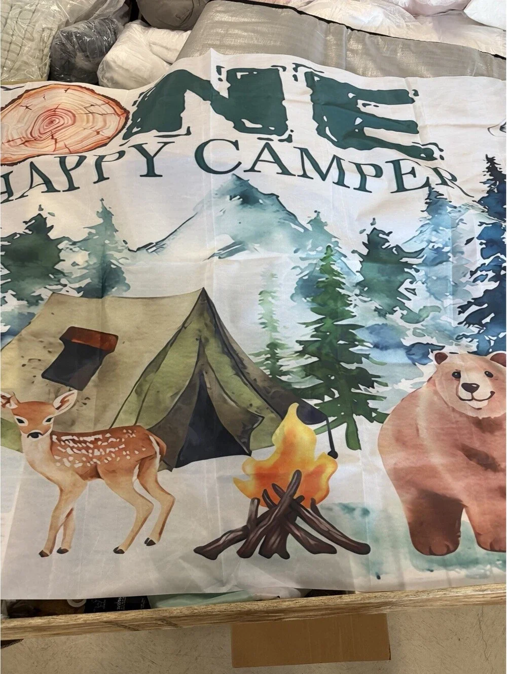 One happy camper tapestry camping flag sun block canopy shade ~57x75” Bear Fox